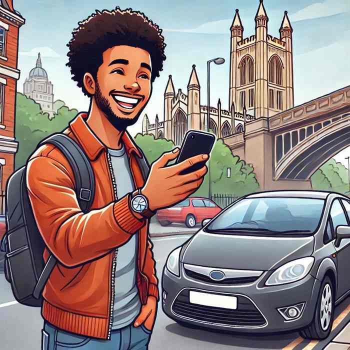 Male motorist beside his convertible, discussing limited-mileage car insurance rates.