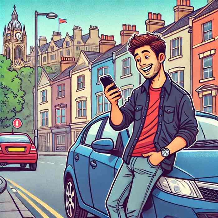 Male motorist near his saloon, researching comprehensive insurance policies.