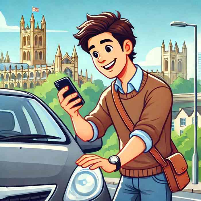 Male motorist near his hatchback, evaluating low-mileage car insurance rates.
