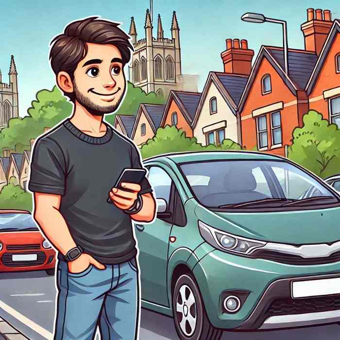 Man stood beside his electric car, considering eco-friendly insurance discounts.