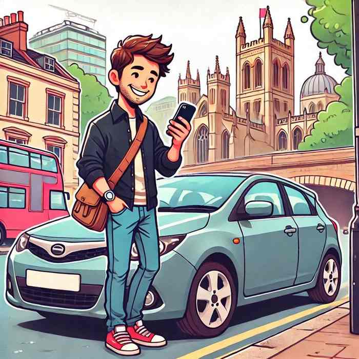 Male motorist beside a rented car, reviewing temporary insurance options.