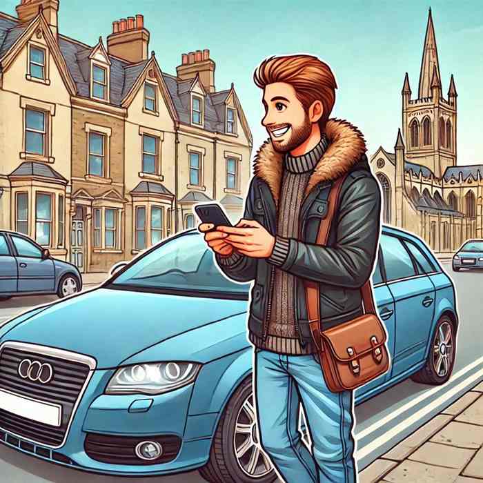 Man leaning on his petrol saloon, considering named driver insurance discounts.