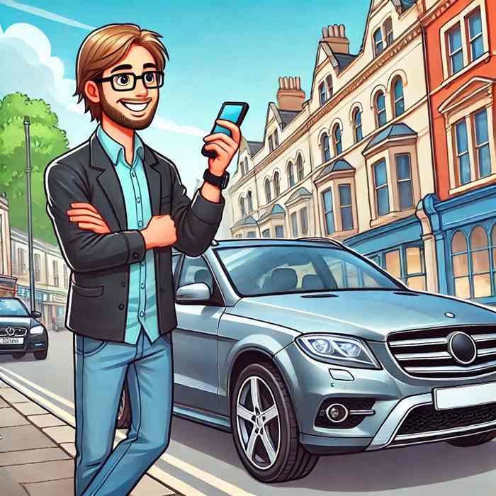 Male motorist stood by a hybrid, exploring green energy car insurance providers.