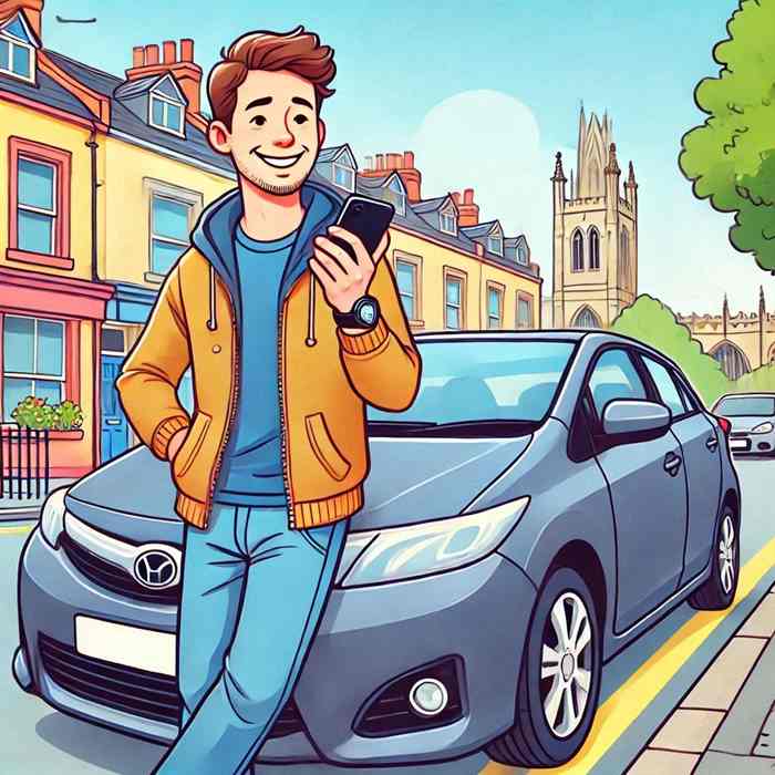 Male driver parked on a quiet street, considering pay-per-mile insurance plans.