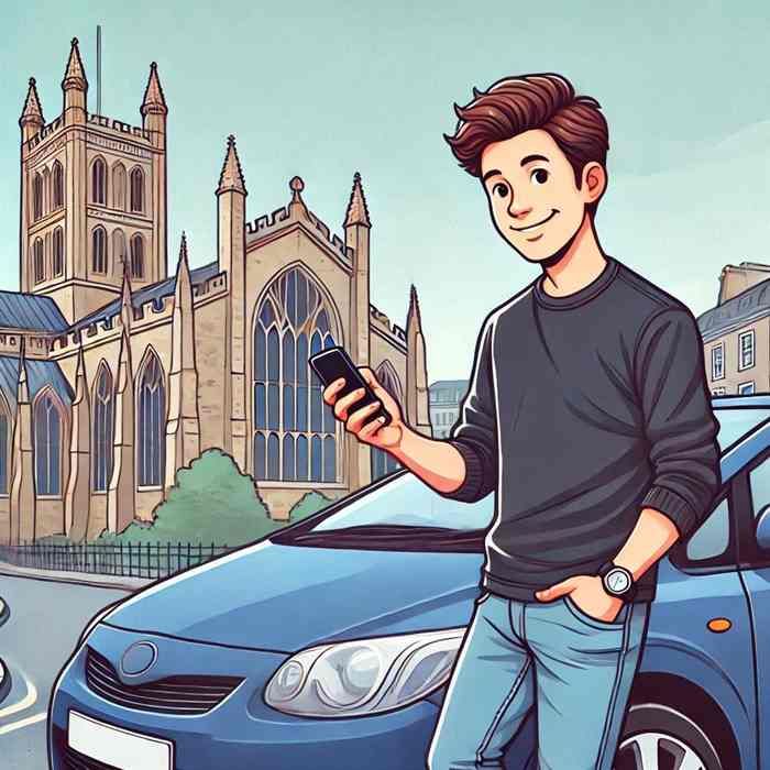 Man parked near his van, researching commercial vehicle insurance cover.