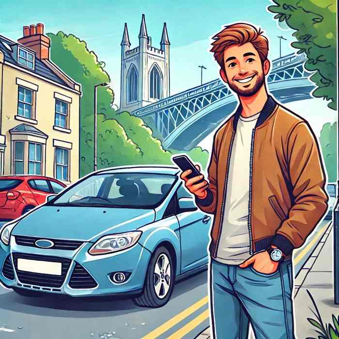 Male motorist by his sports car, comparing premium car insurance quotes.