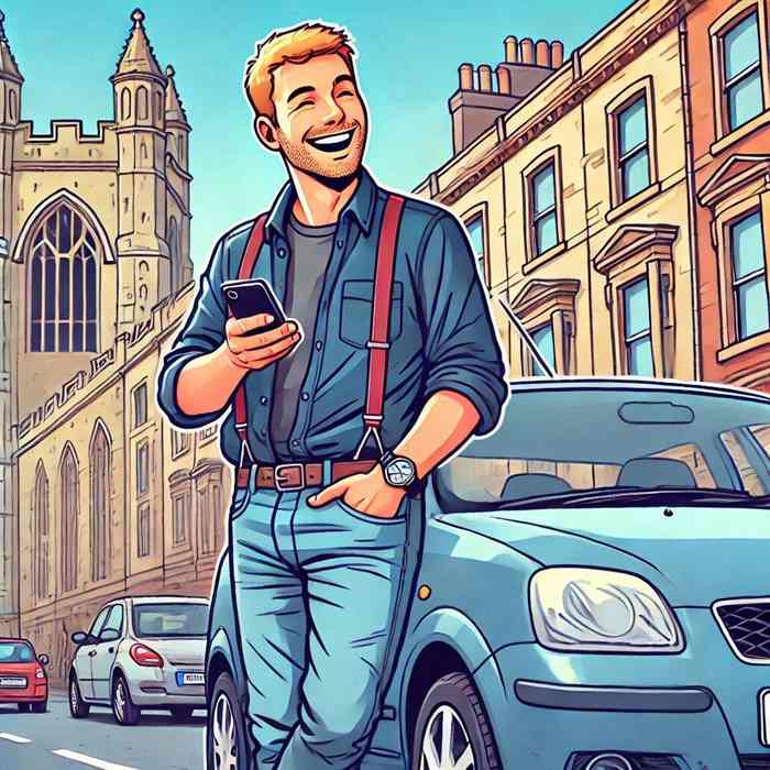 Male driver parked on a rural road, exploring regional insurance plans in the UK.