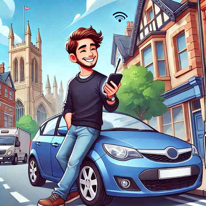 Male motorist stood by his family car, researching policies with named driver benefits.