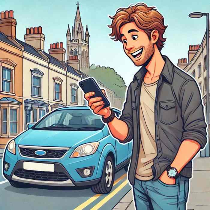 Male driver leaning on his convertible, reviewing agreed value insurance cover.