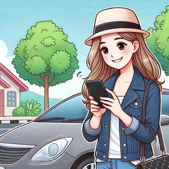Female motorist stood by her saloon, researching affordable car insurance options.