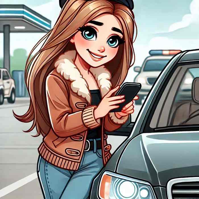 Woman stood beside her damaged saloon, contacting her insurance provider for assistance.