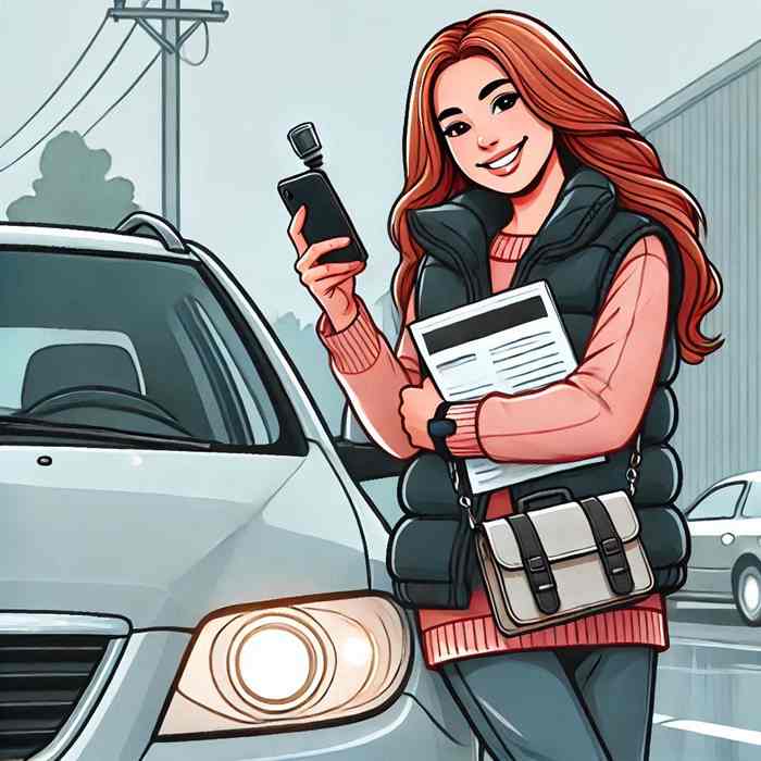 Female driver by a parked electric car, exploring green driver insurance discounts.