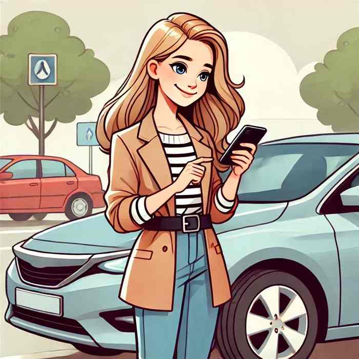 Woman near her luxury SUV, researching premium insurance for high-value vehicles.