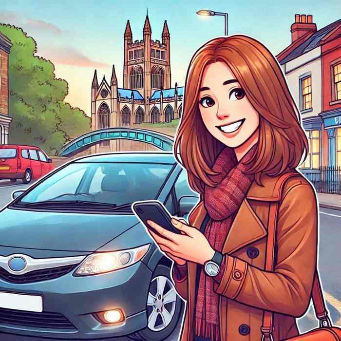 Woman stood next to her hybrid car, considering discounts for eco-friendly drivers.