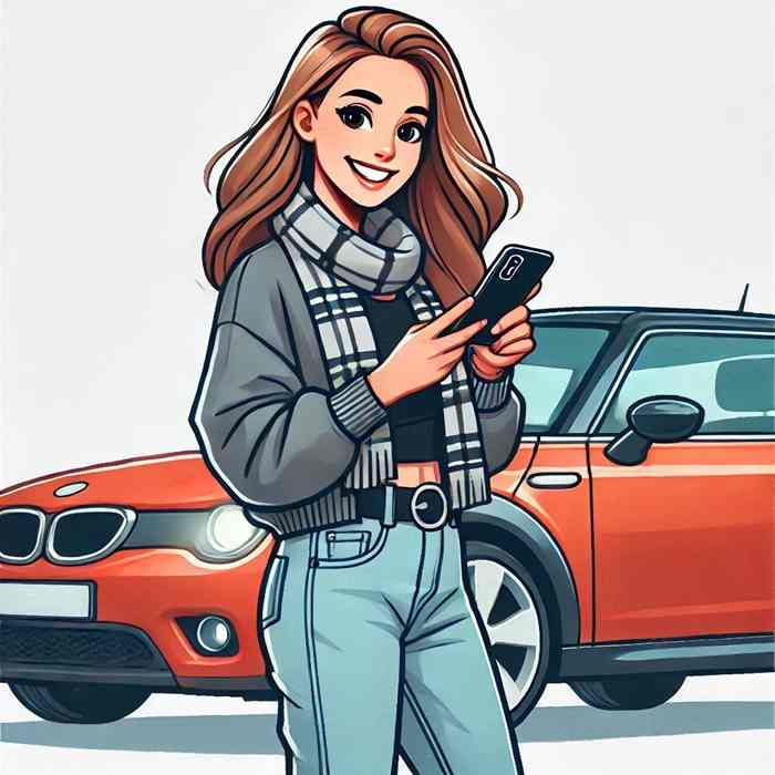 Woman stood by her petrol saloon, evaluating flexible pay-as-you-go insurance.