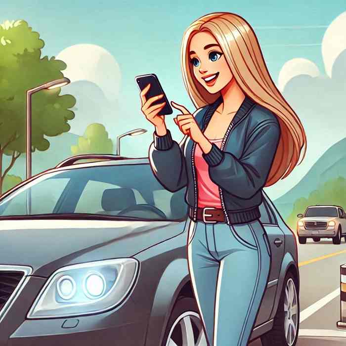 Female driver near her sports coupe, researching policies with track day cover.