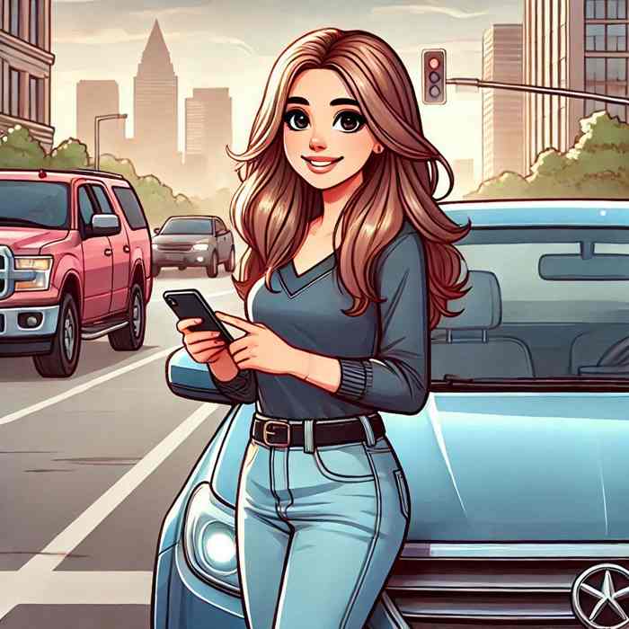 Female driver beside her truck, researching heavy goods vehicle insurance in the UK.