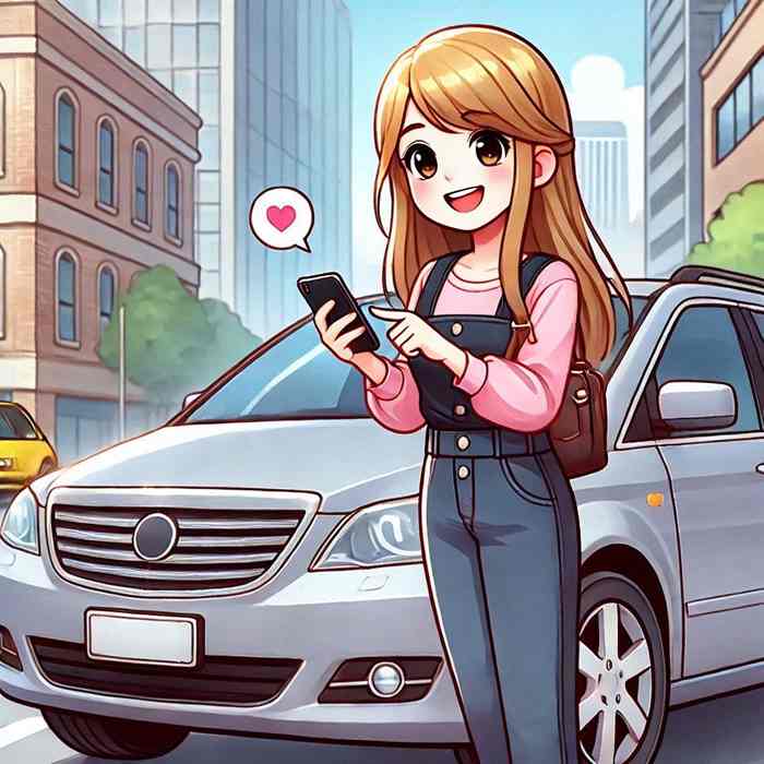 Female driver near her damaged car, contacting her insurer to make a claim.