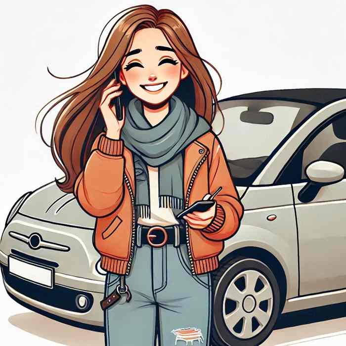 Woman parked near a dealership, reviewing gap insurance for newly purchased cars.