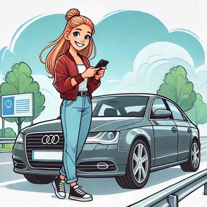 Female motorist parked near a petrol station, researching telematics-based insurance.