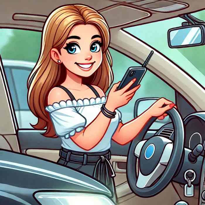 Female motorist near her hatchback, exploring black box insurance for young drivers.