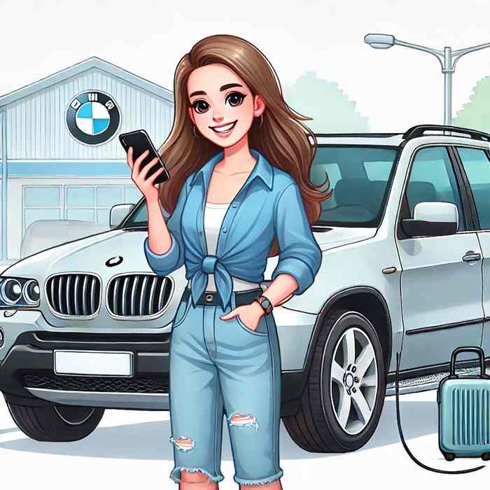 Female driver leaning on her van, browsing commercial insurance policies for business use.